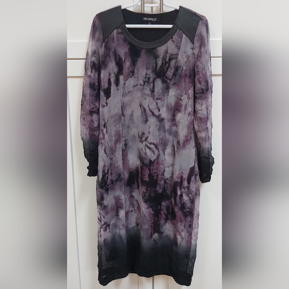 PICADILLY Dress Sheath Long Sleeves BLACK PURPLE Sz L